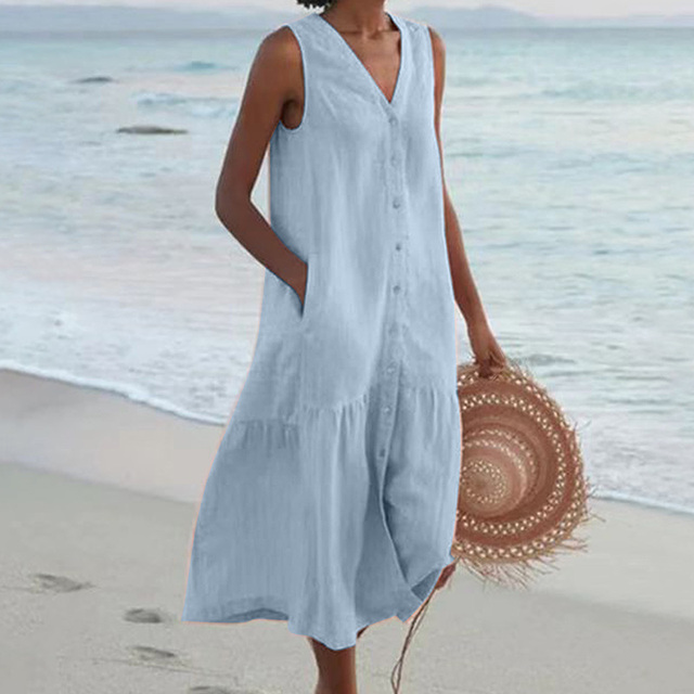 Barbara™ - Mouwloze Midi-jurk met Knoopsluiting