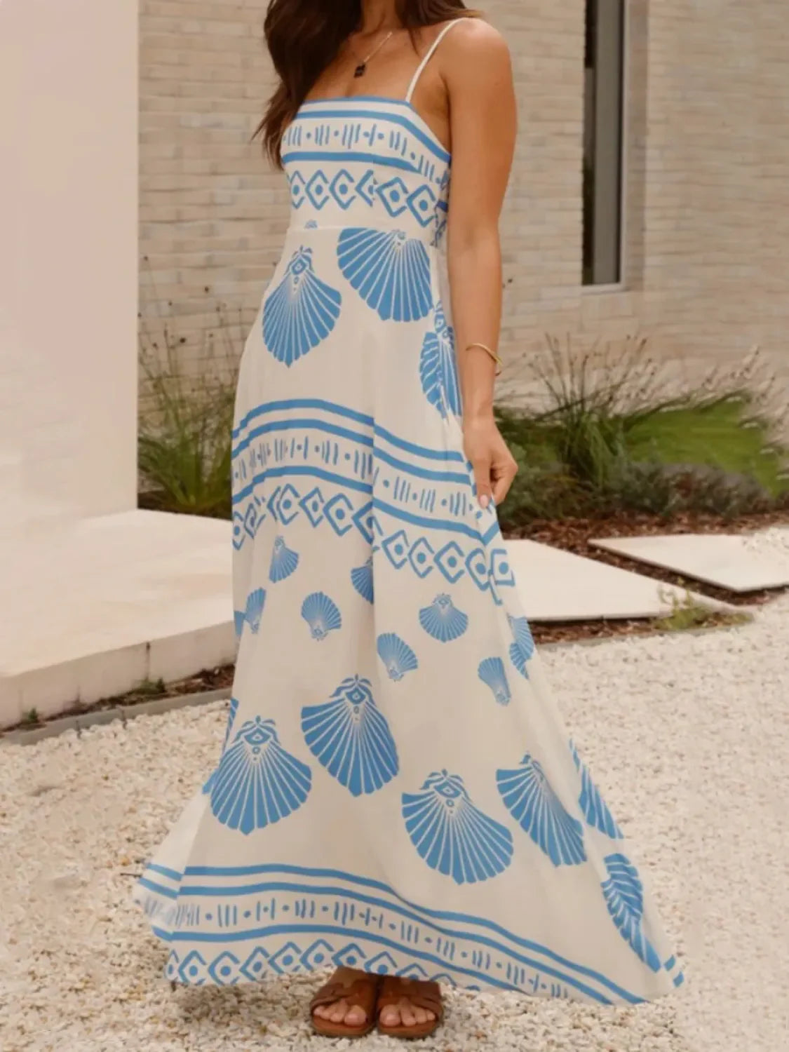 Maxi Jurk met Schelpprint en Spaghettibandjes