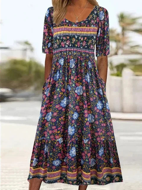 Janine™ | Jurk met Bohemian Print en Ronde Halslijn