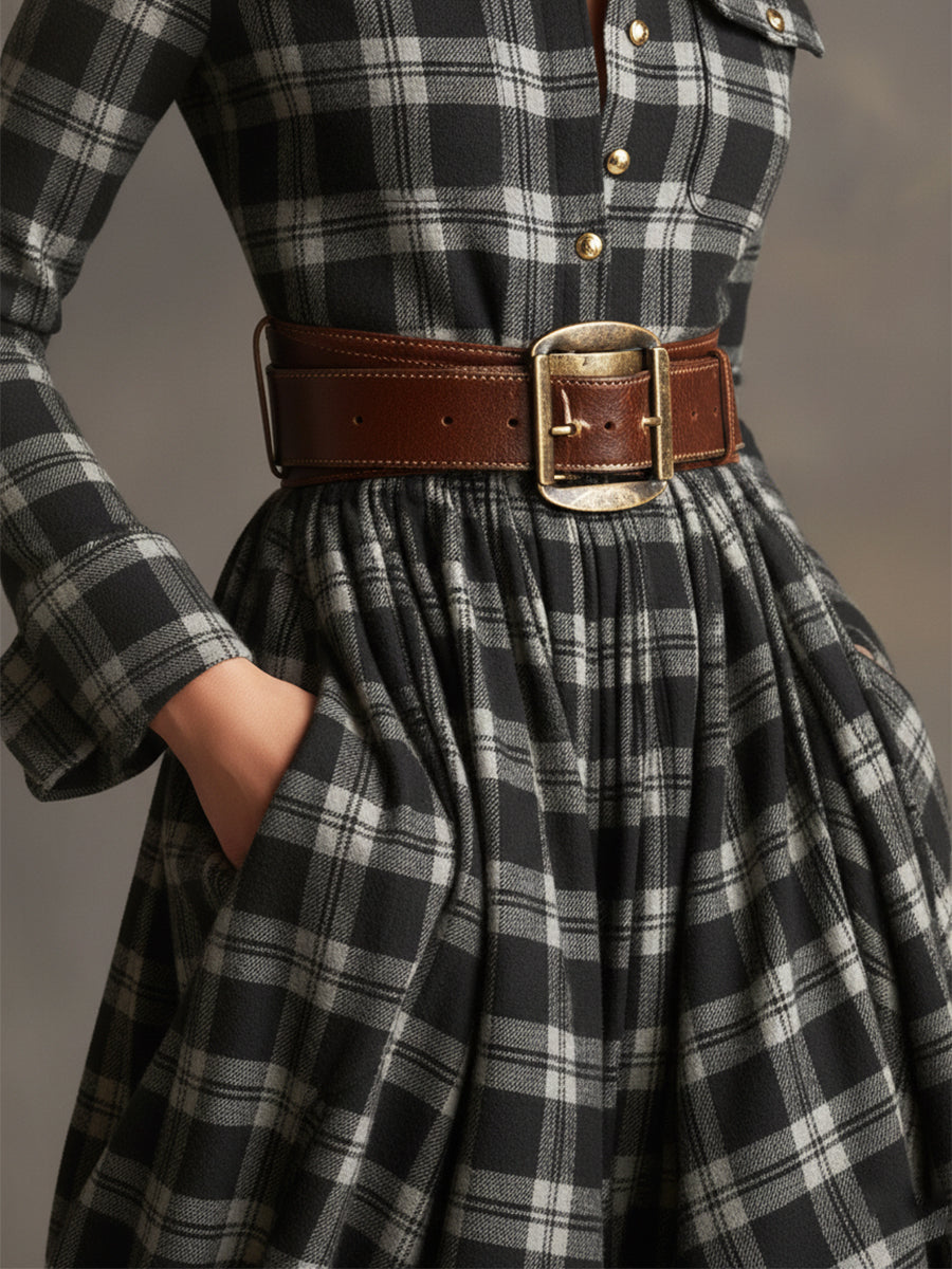 Retro Etnische Maxi Jurk met Kraag en Roodbruin Ruitpatroon