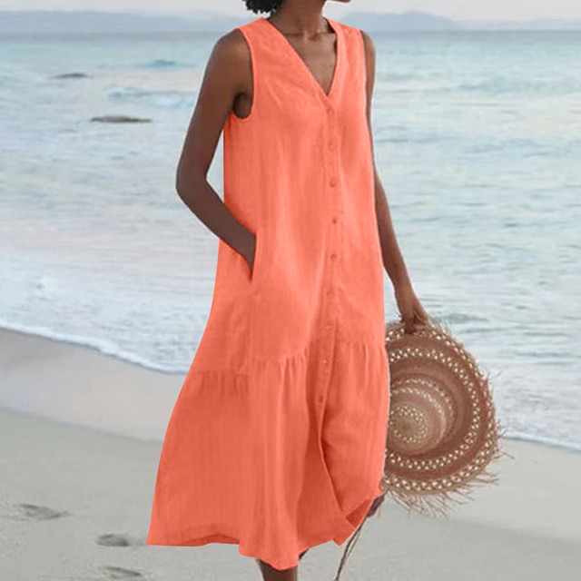 Barbara™ - Mouwloze Midi-jurk met Knoopsluiting