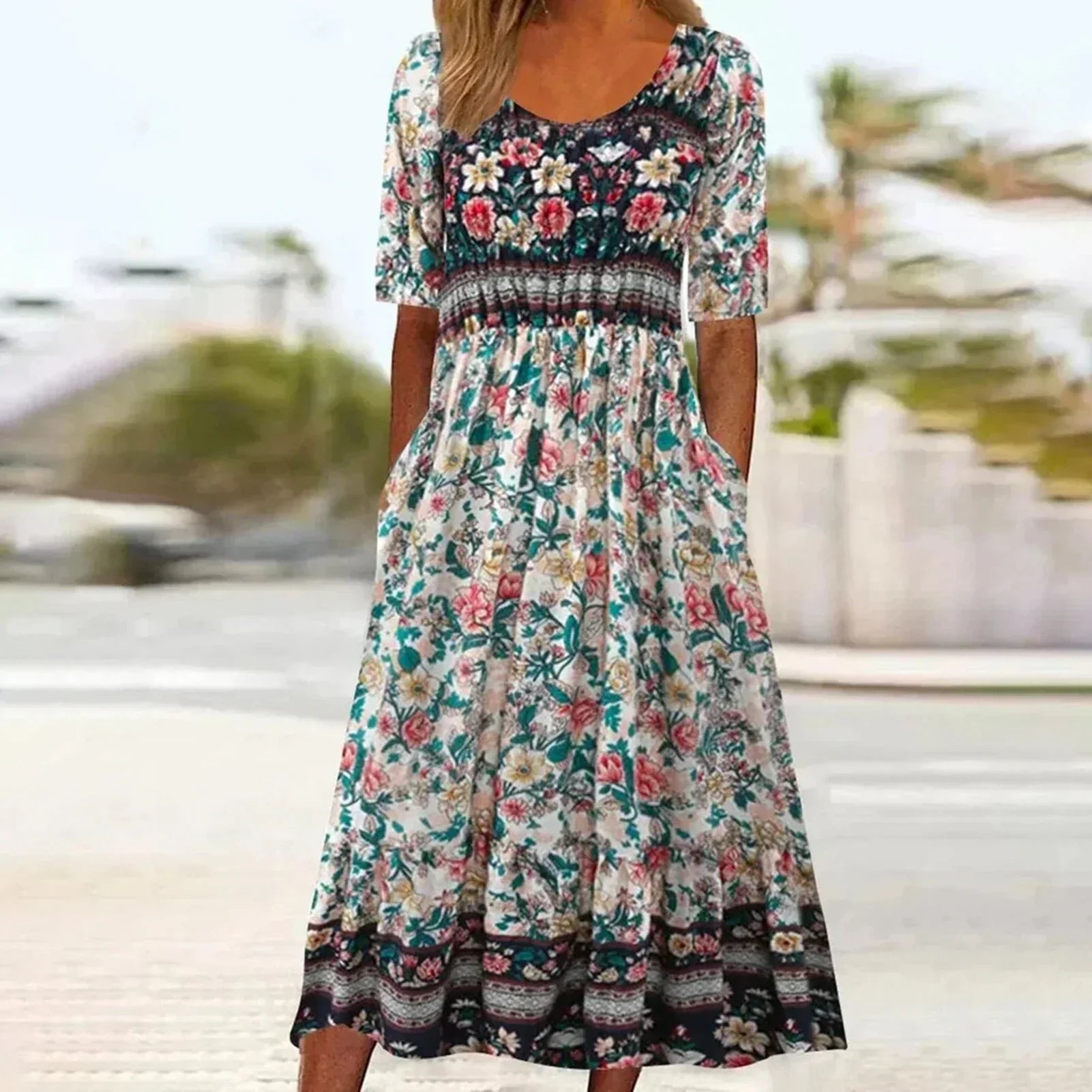 Janine™ | Jurk met Bohemian Print en Ronde Halslijn