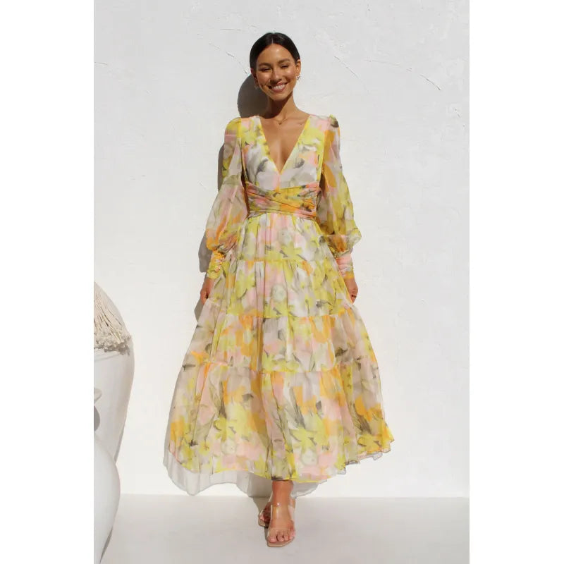 Eloise | Dames Bloemenprint V-Hals Midi Jurk met Lange Mouwen