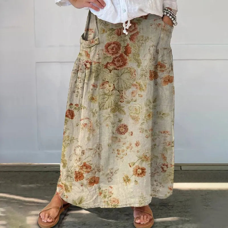Retro Bloemenprint Rok met Elastische Tailleband en Zakken