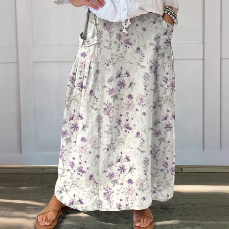 Retro Bloemenprint Rok met Elastische Tailleband en Zakken