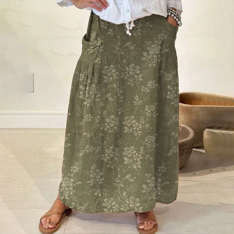 Retro Bloemenprint Rok met Elastische Tailleband en Zakken