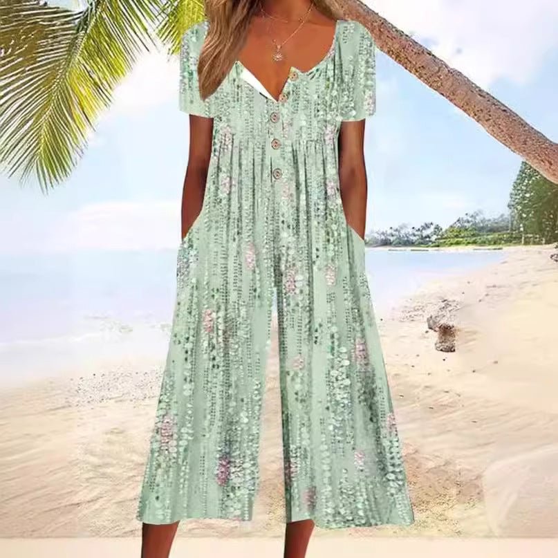 Lagoon | Dames Bladprint V-Hals Korte Mouw Wijde Pijpen Jumpsuit