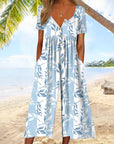 Lagoon | Dames Bladprint V-Hals Korte Mouw Wijde Pijpen Jumpsuit