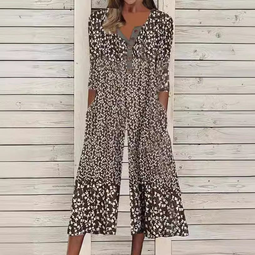 Lagoon | Dames Bladprint V-Hals Korte Mouw Wijde Pijpen Jumpsuit