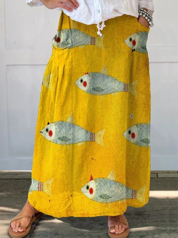 Elli™ | Vintage Vis Print Rok met Zakken