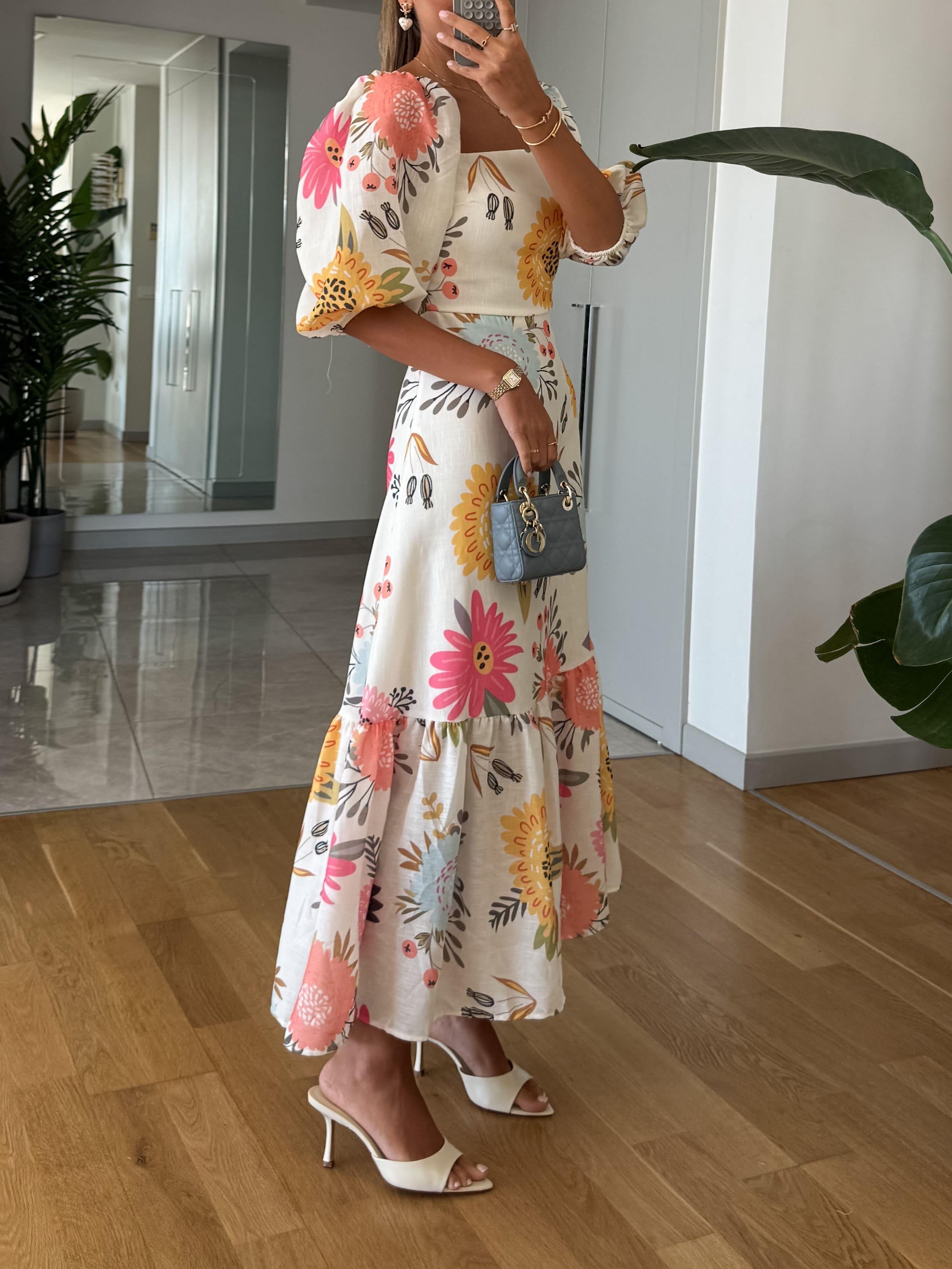 FABLE | ROMANTISCHE BLOEMEN MIDI JURK MET POFMOUWEN