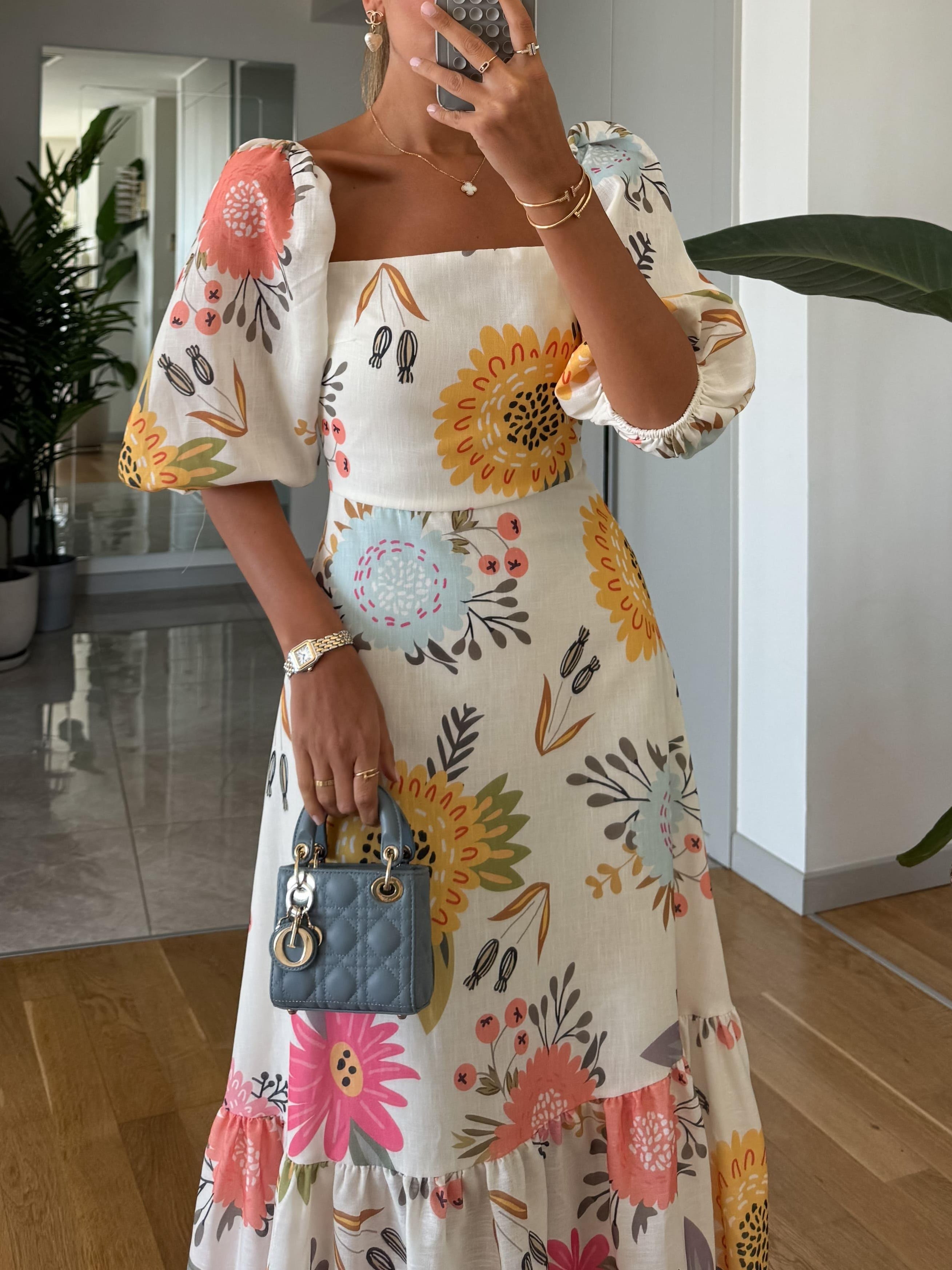 FABLE | ROMANTISCHE BLOEMEN MIDI JURK MET POFMOUWEN