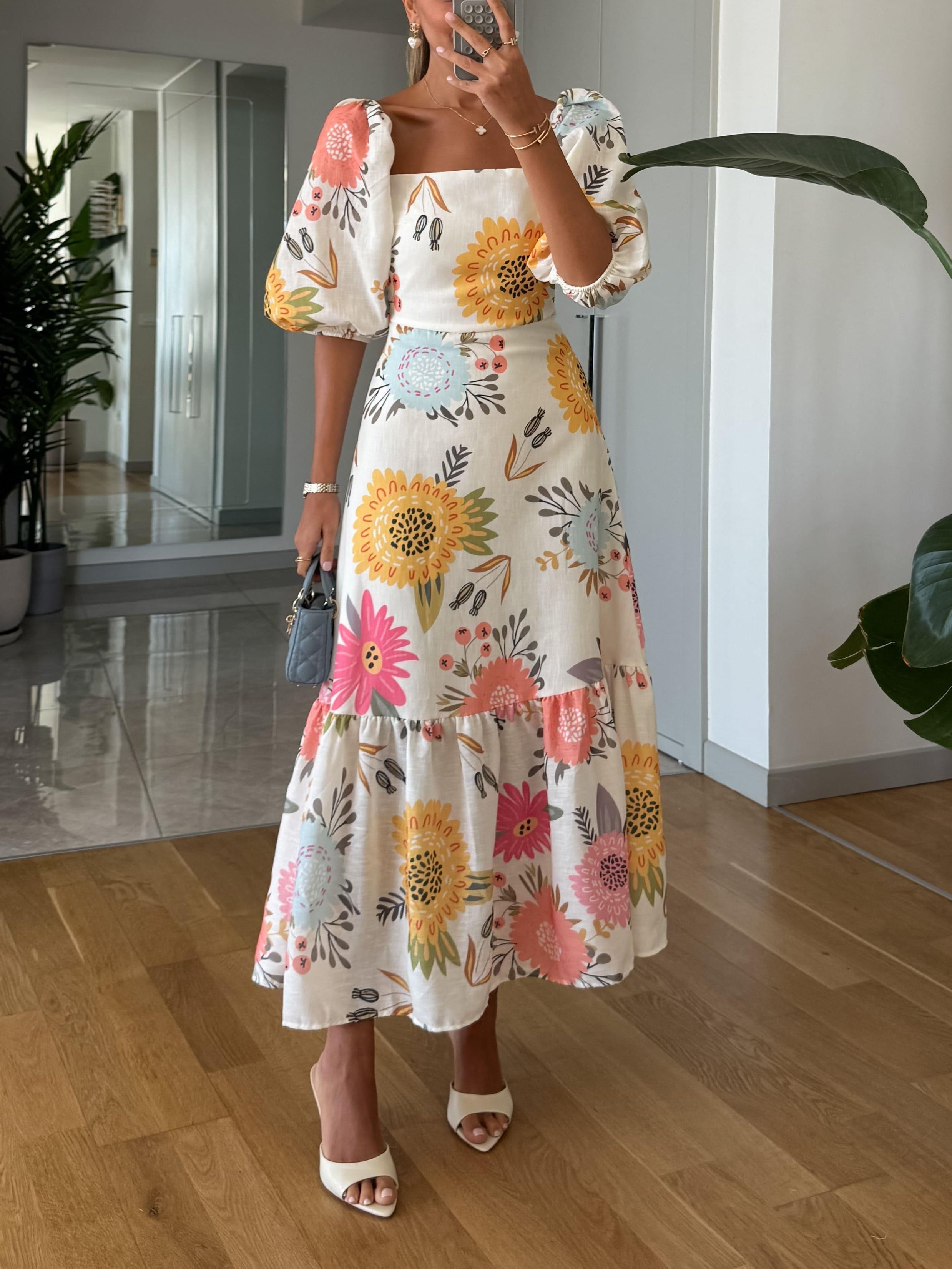 FABLE | ROMANTISCHE BLOEMEN MIDI JURK MET POFMOUWEN