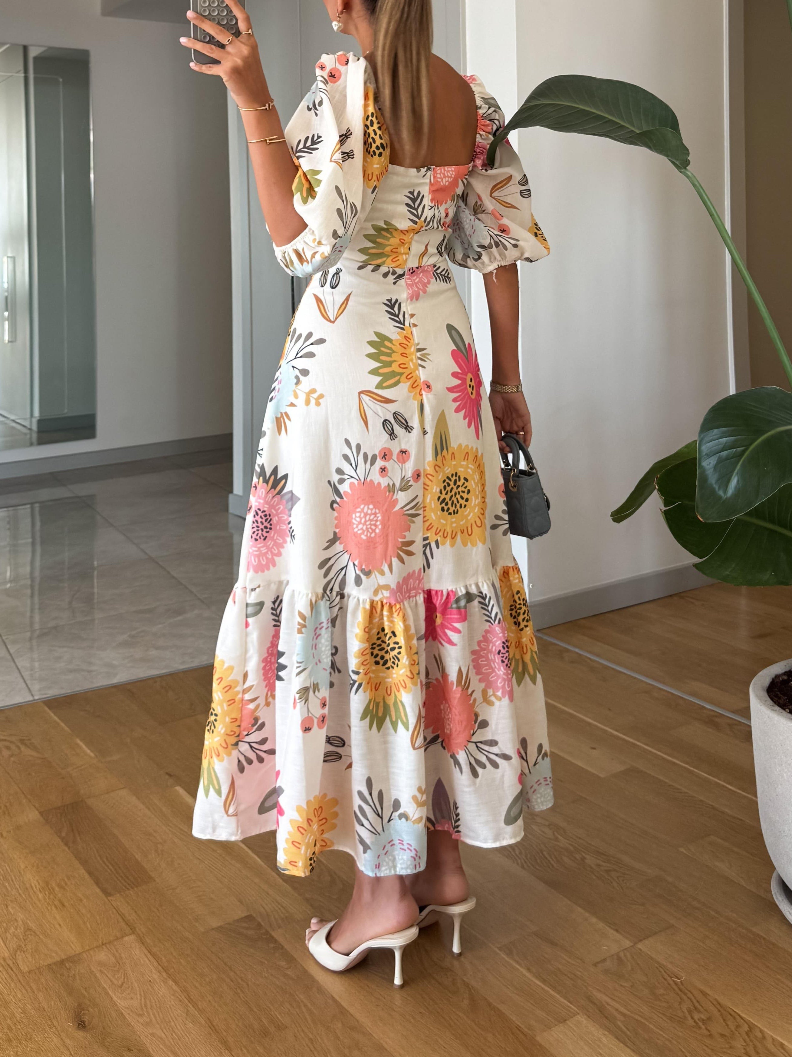 FABLE | ROMANTISCHE BLOEMEN MIDI JURK MET POFMOUWEN