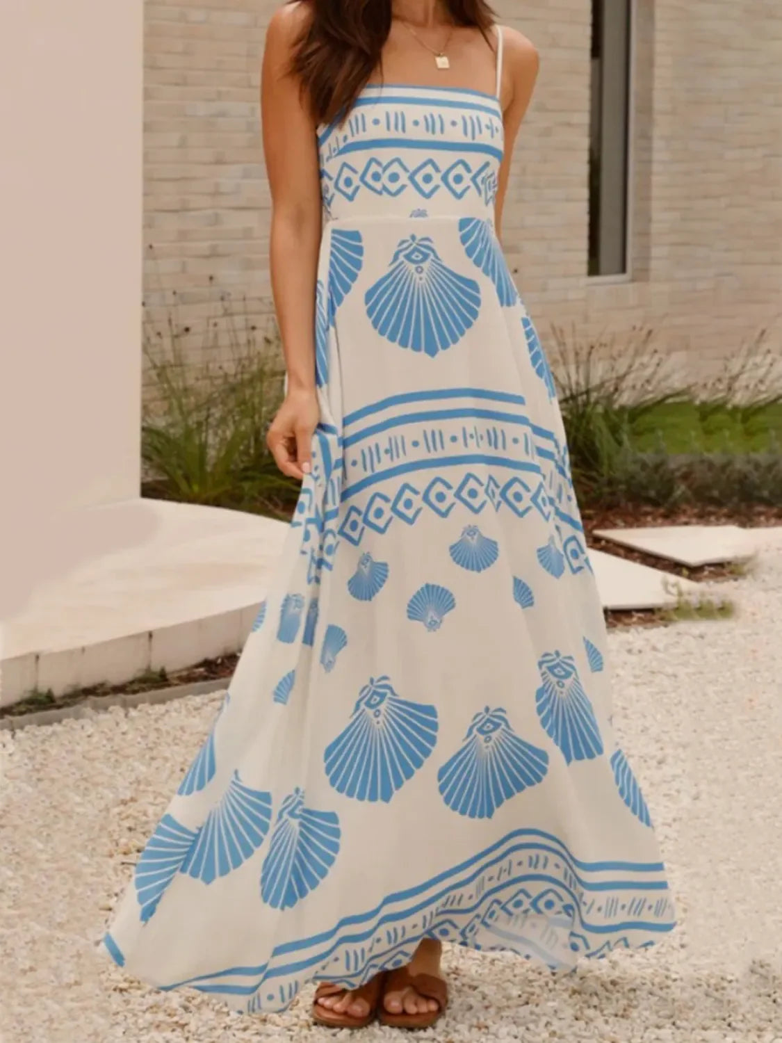 Maxi Jurk met Schelpprint en Spaghettibandjes