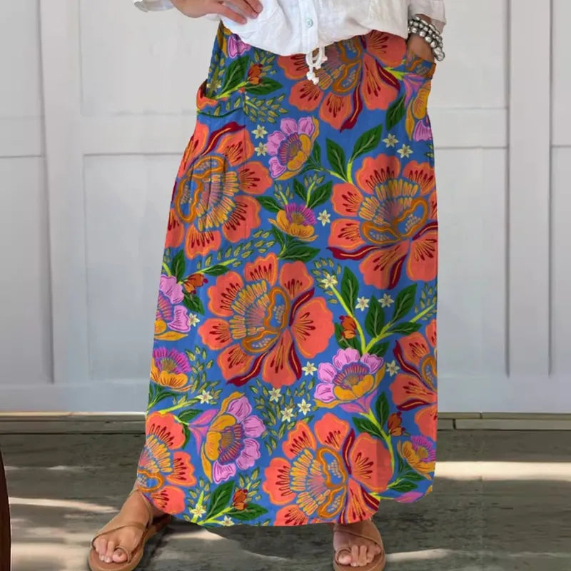 Retro Bloemenprint Rok met Elastische Tailleband en Zakken