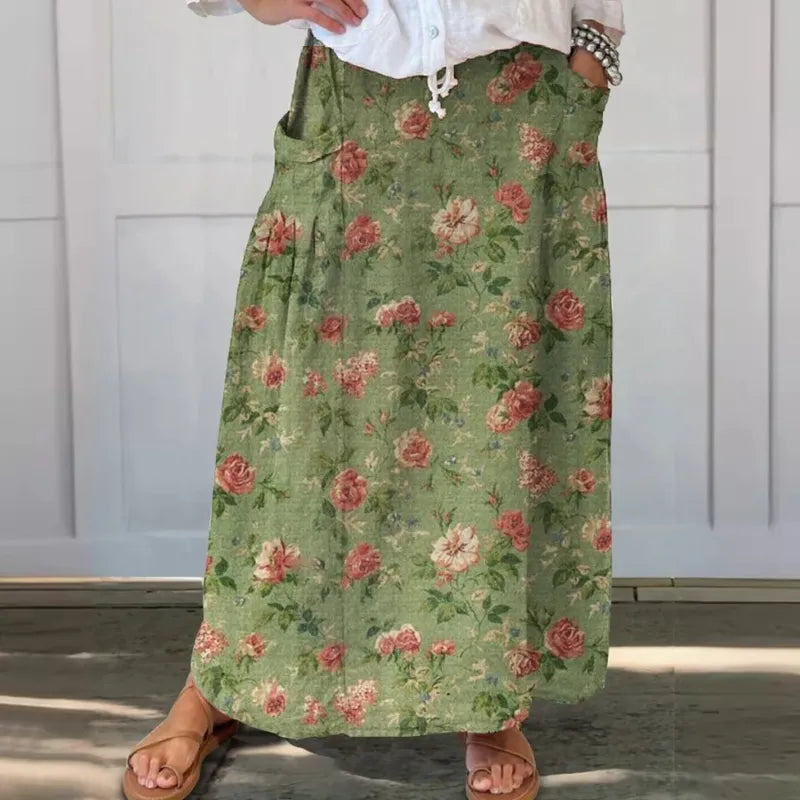Retro Bloemenprint Rok met Elastische Tailleband en Zakken