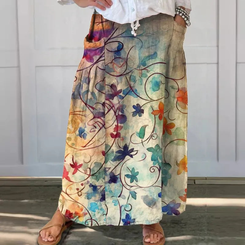 Retro Bloemenprint Rok met Elastische Tailleband en Zakken