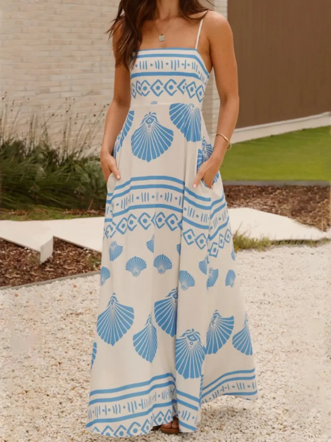 Maxi Jurk met Schelpprint en Spaghettibandjes