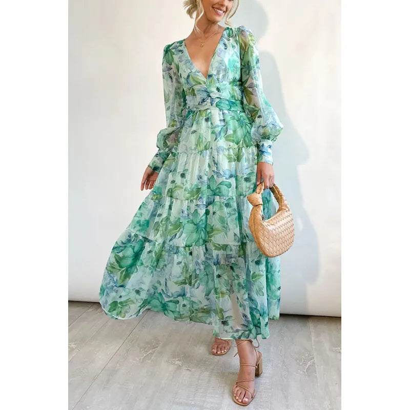 Eloise | Dames Bloemenprint V-Hals Midi Jurk met Lange Mouwen
