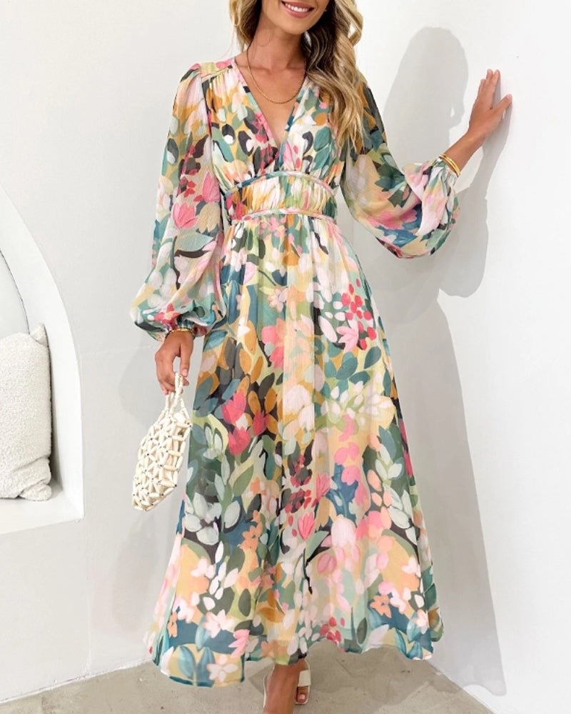 Eloise | Dames Bloemenprint V-Hals Midi Jurk met Lange Mouwen