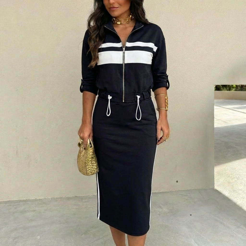 Alix™ Sport-Chique Ensemble – 3/4 Bomber &amp; Midi Rok