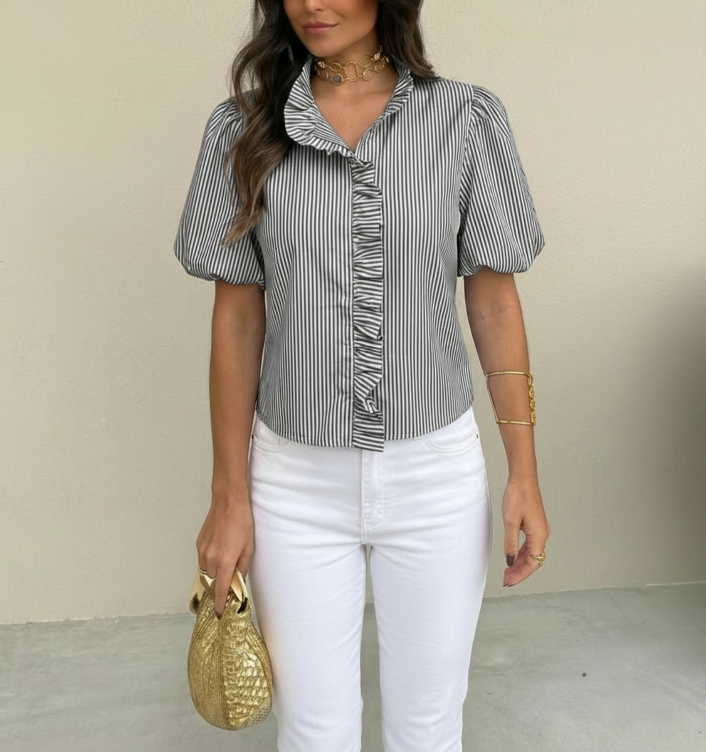 Brooklyn Gestreepte Top – Elegante Pofmouwen &amp; Ruches