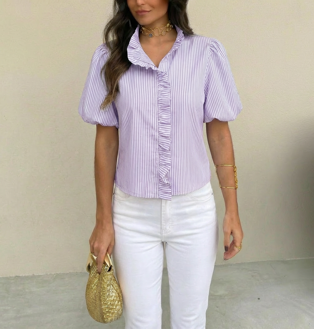 Brooklyn Gestreepte Top – Elegante Pofmouwen &amp; Ruches