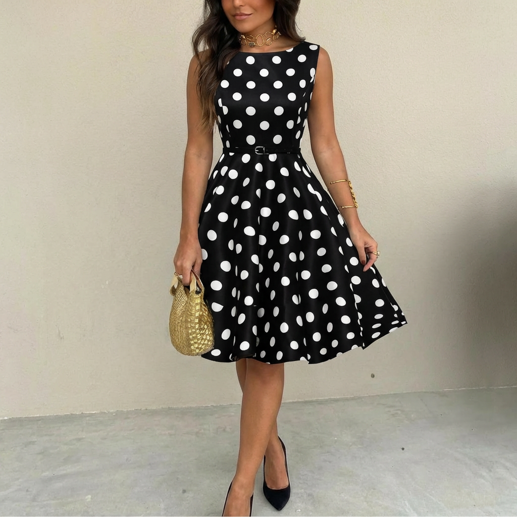 1950's Pin Up Bettie Page Polka Dot Print Uitlopende Jurk