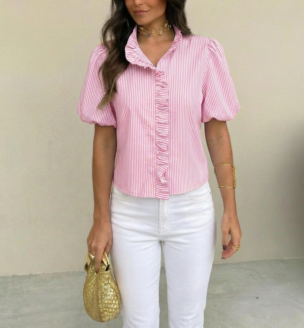 Brooklyn Gestreepte Top – Elegante Pofmouwen &amp; Ruches