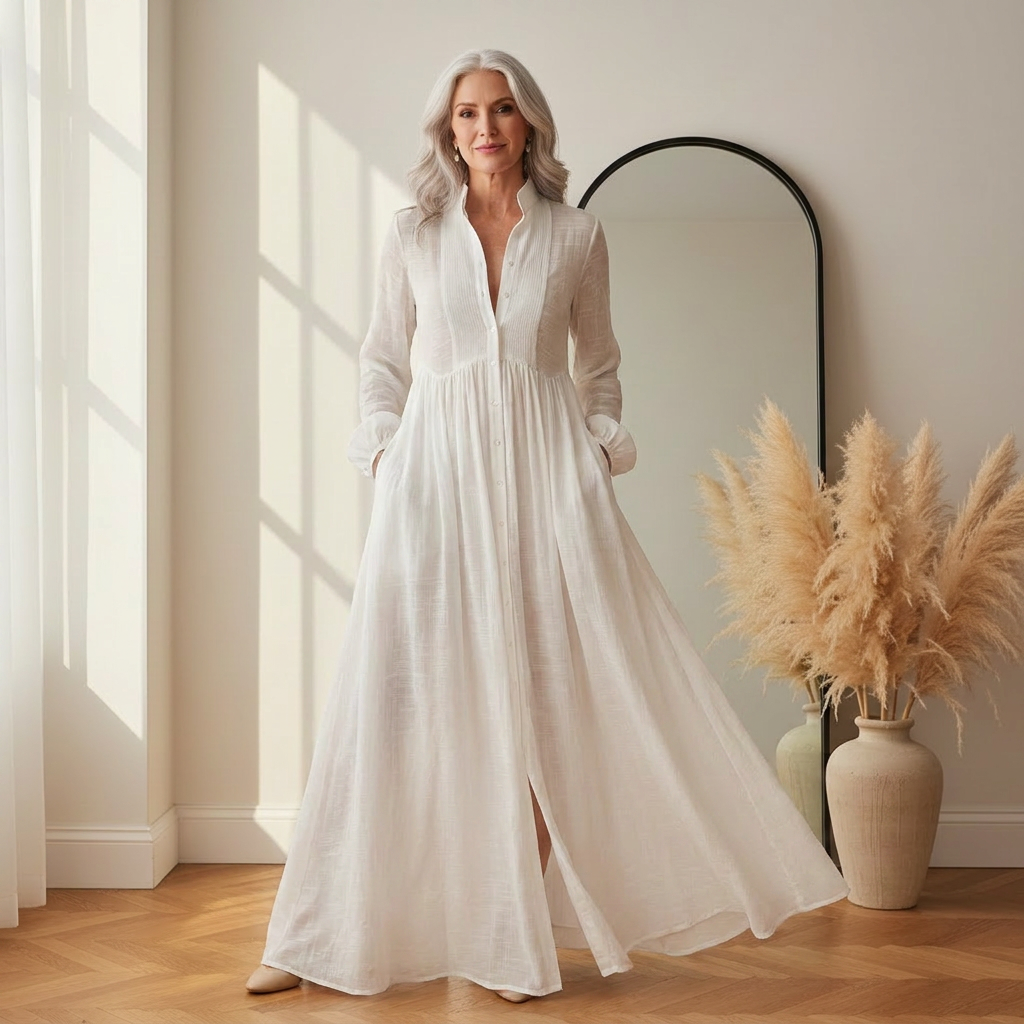 Patchwork Linnen Maxi Jurk met Staande Kraag