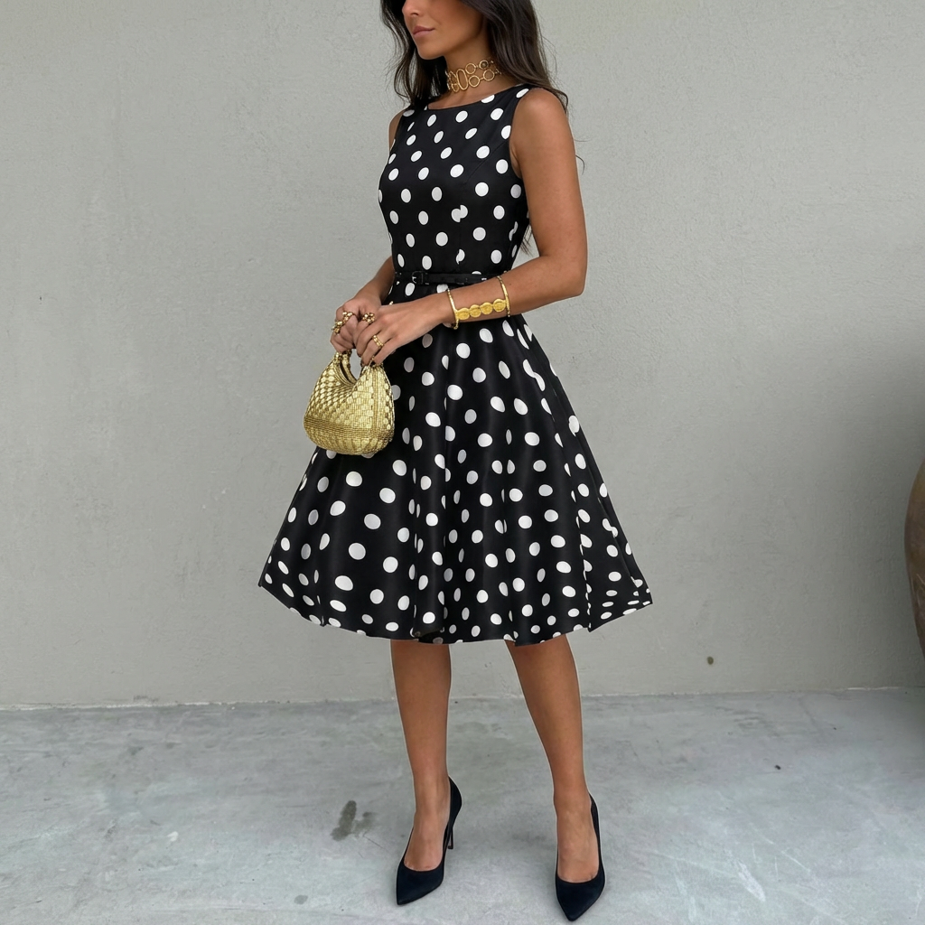 1950's Pin Up Bettie Page Polka Dot Print Uitlopende Jurk