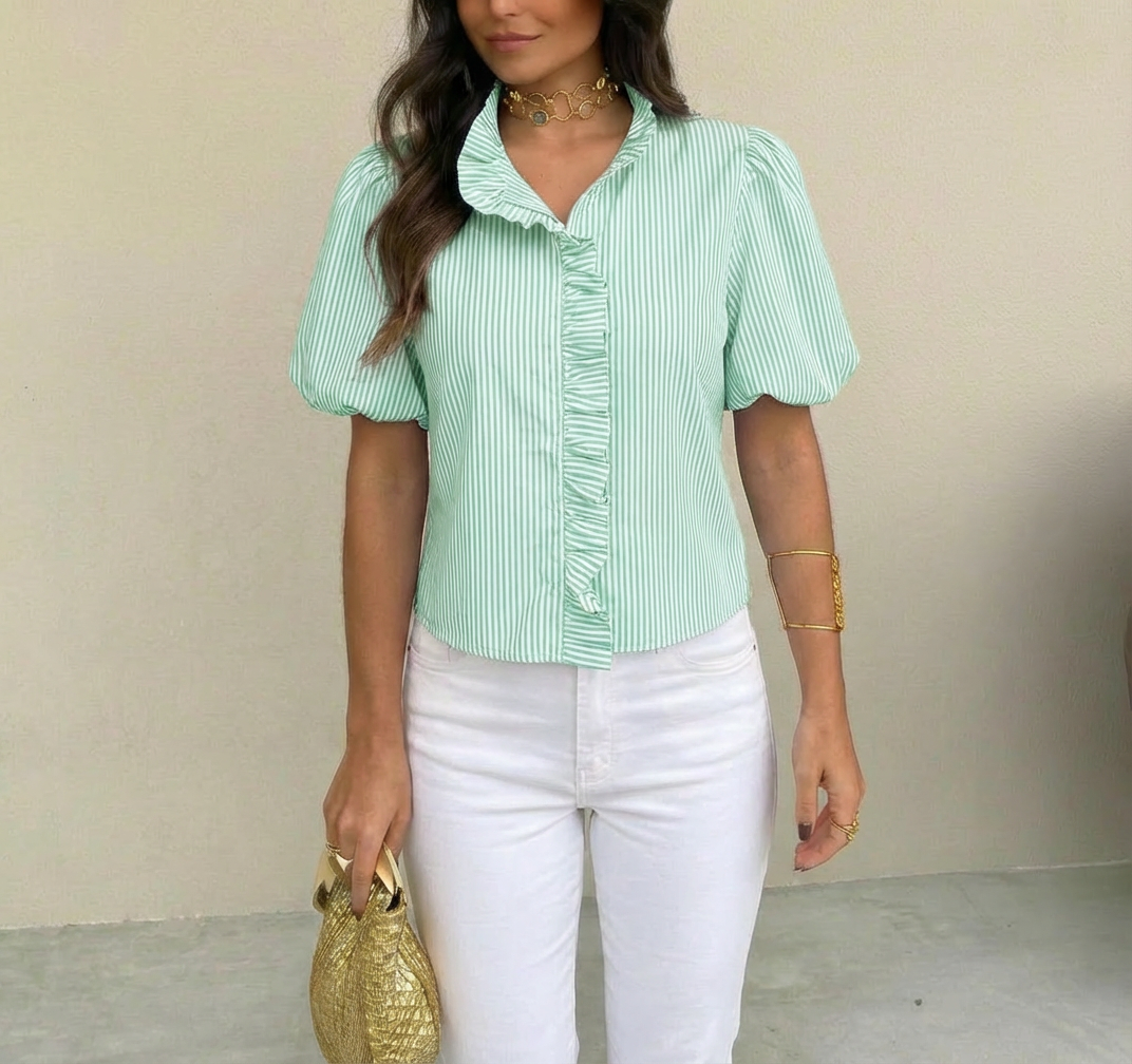 Brooklyn Gestreepte Top – Elegante Pofmouwen &amp; Ruches