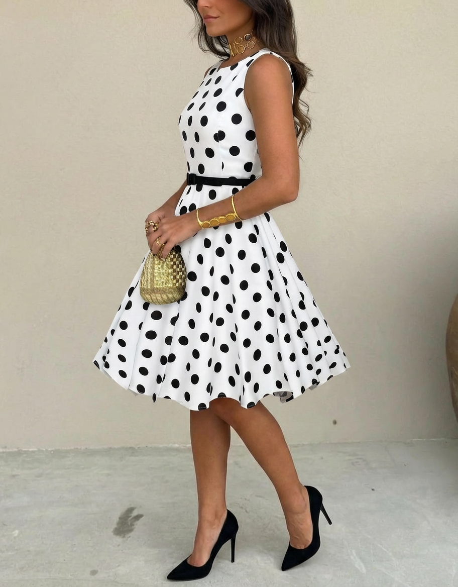 1950's Pin Up Bettie Page Polka Dot Print Uitlopende Jurk