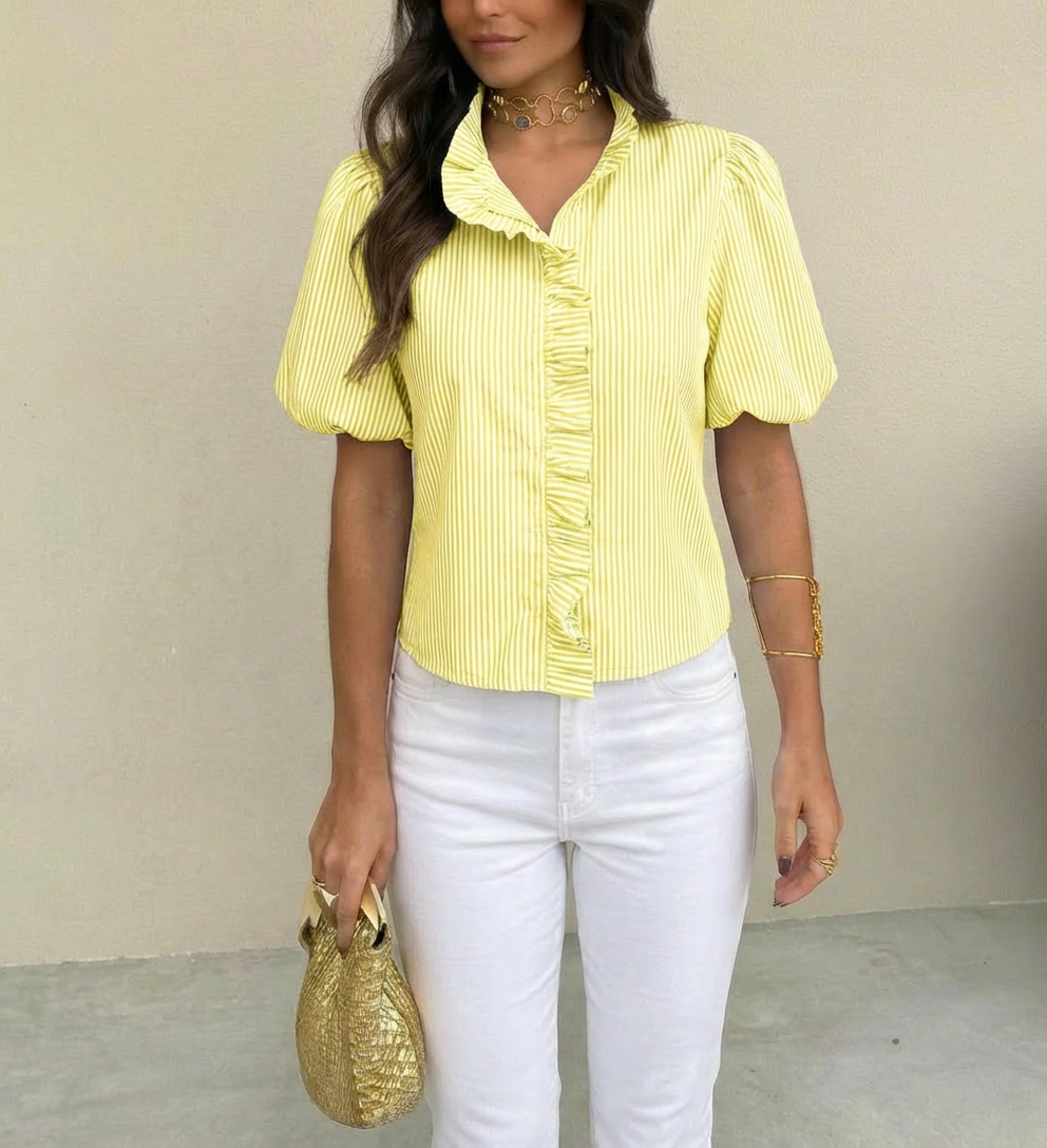 Brooklyn Gestreepte Top – Elegante Pofmouwen &amp; Ruches