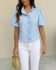 Brooklyn Gestreepte Top – Elegante Pofmouwen & Ruches