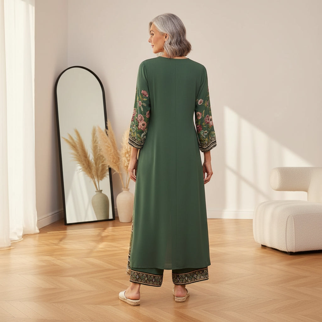 Jade | Dames Bloemenprint Tweedelige Set Lange Top &amp; Wijde Broek — back view