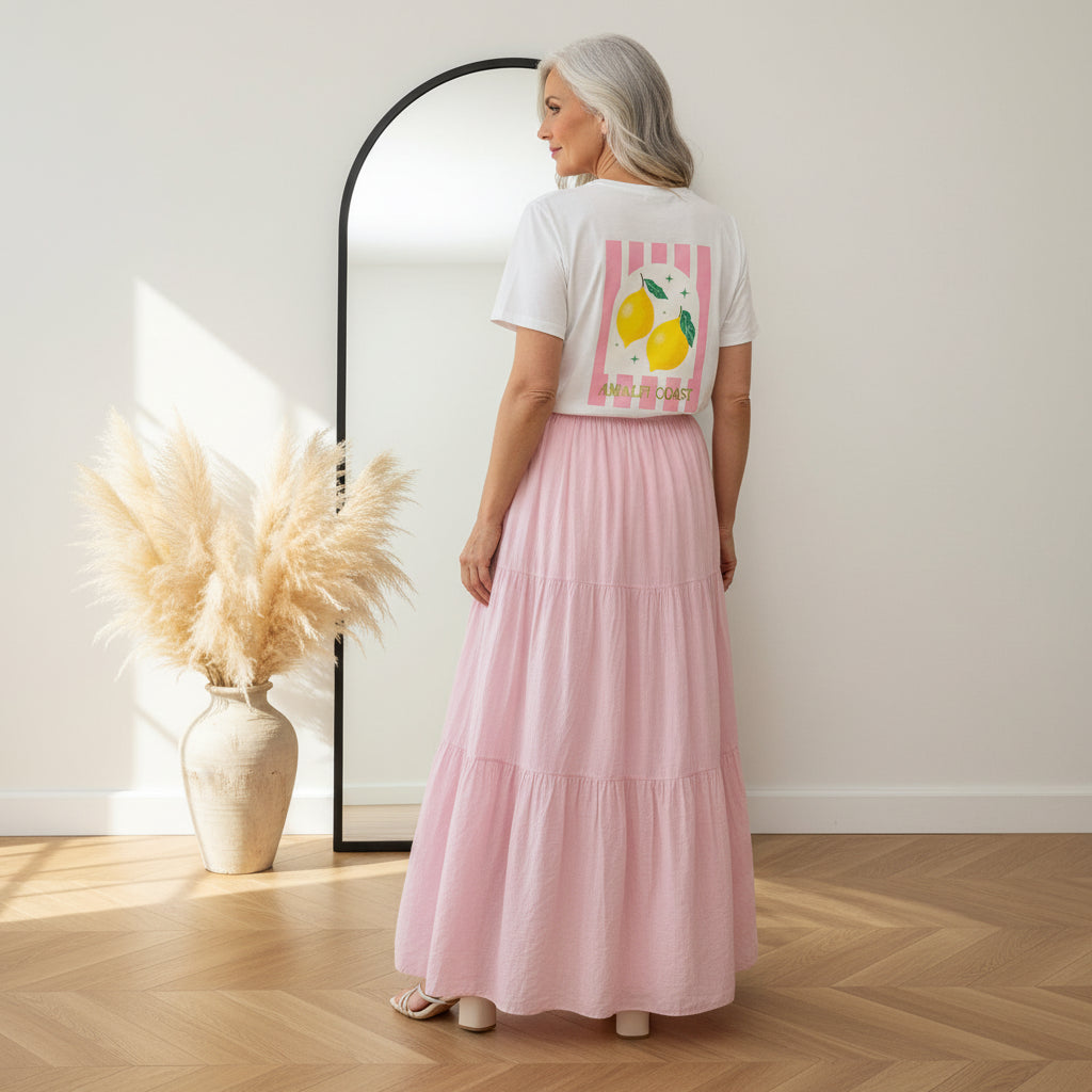 Lange Katoenen Rok met Onderrok - Roze — back view
