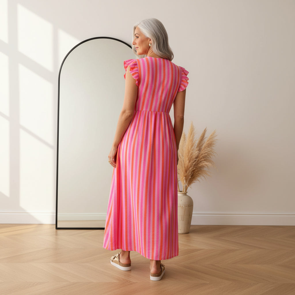 Leonora Mousseline Jurk - Strepen/Roze/Oranje — back view