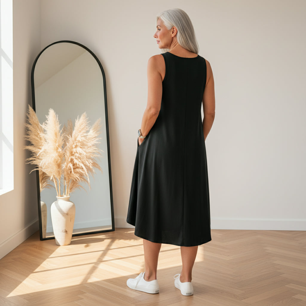 BARA - Zwarte Maxi Jurk met Zakken — back view
