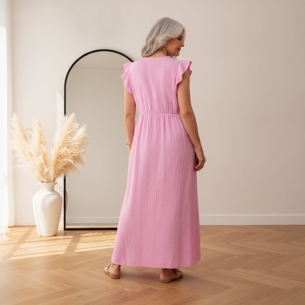 Leonora Musseline Jurk - Roze — back view