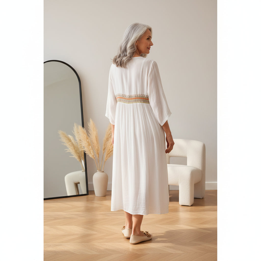 Kathy™ | Geborduurd Midi Jurk met Patroon — back view