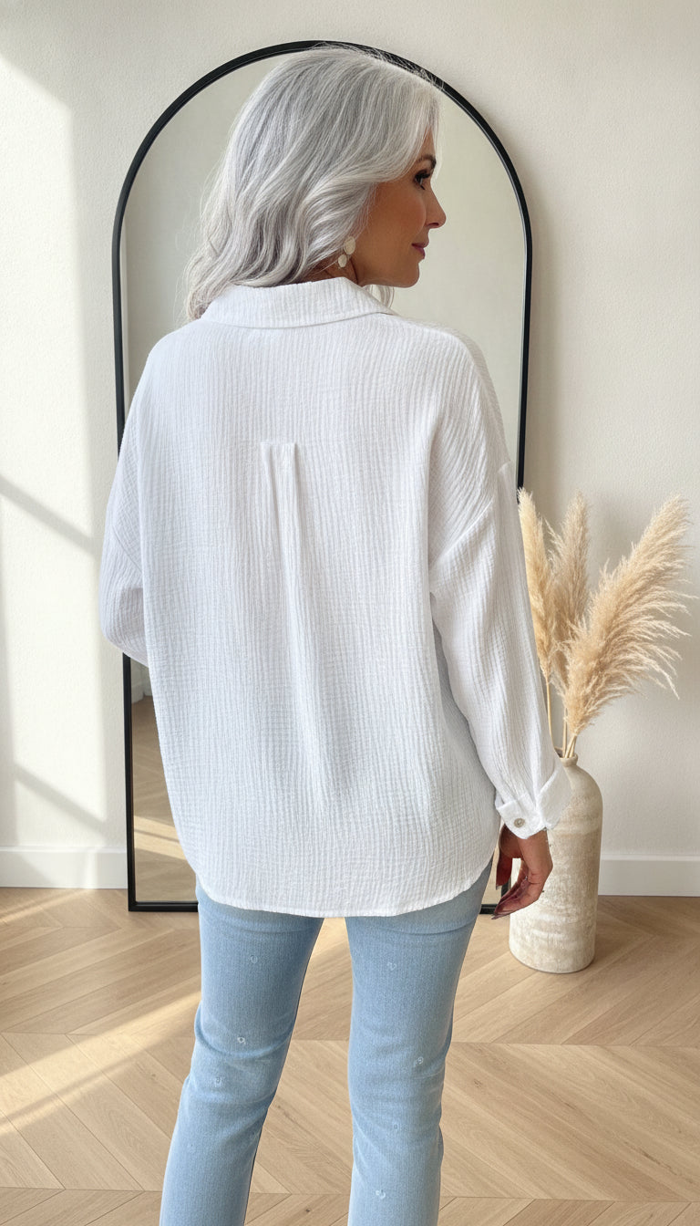 Korte Oversized Mousseline Blouse Wit - Luchtig &amp; Veelzijdig — back view