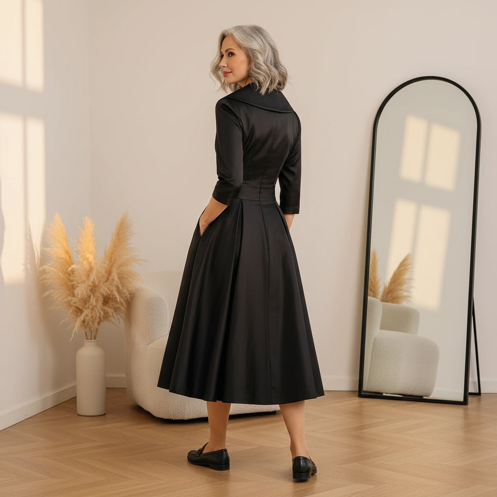 Vintage Satijnen Midi Jurk met Gedrapeerde Kraag — back view