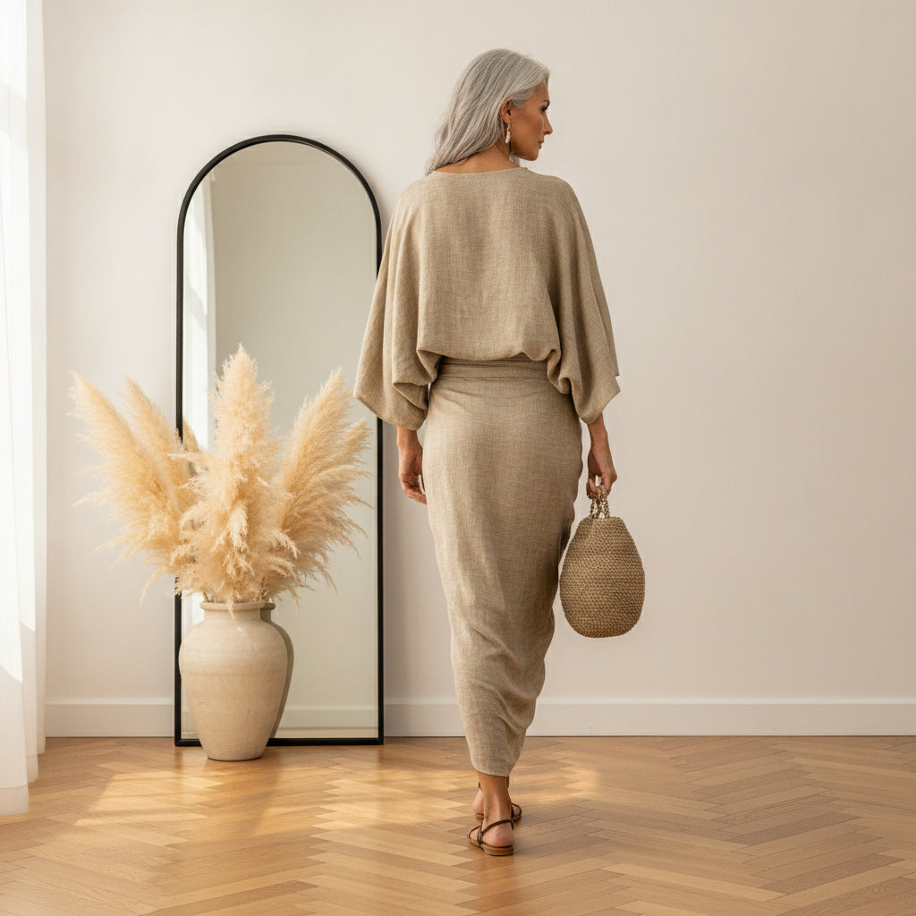 Katoenen Linnen Tweedelige Set met Lange Rok — back view