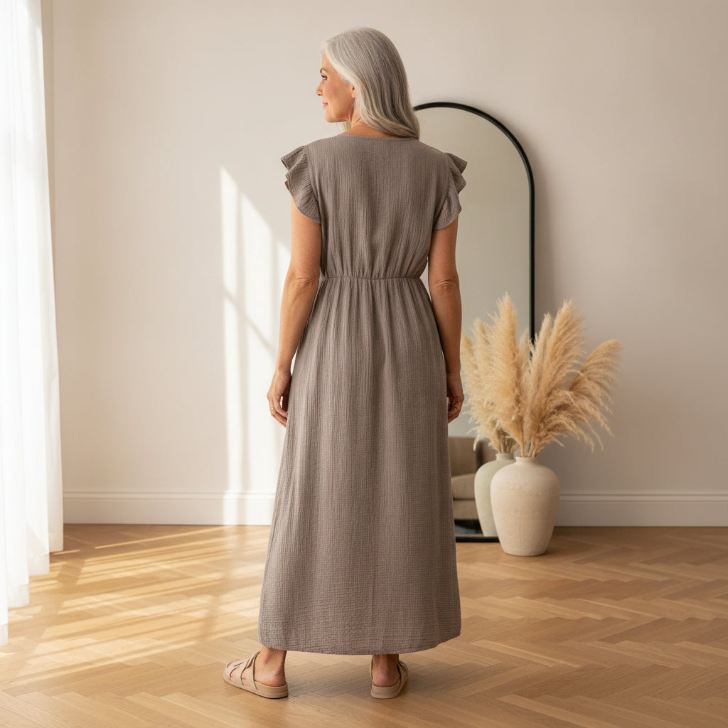 Leonora Mousseline Jurk - Taupe — back view