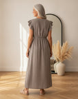 Leonora Mousseline Jurk - Taupe — back view