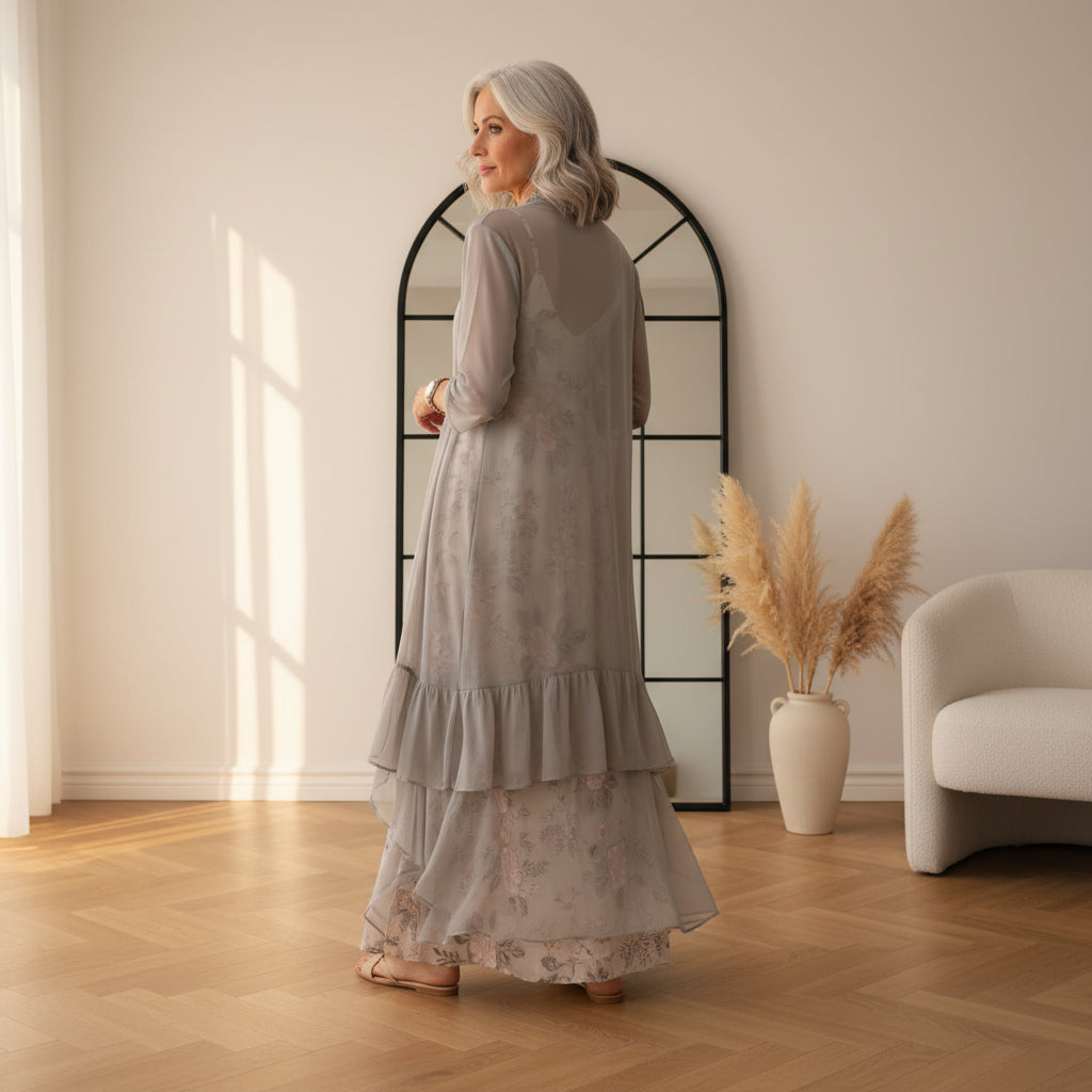 Willow | Dames Bloemen Maxi Jurk met Longline Vest Set — back view