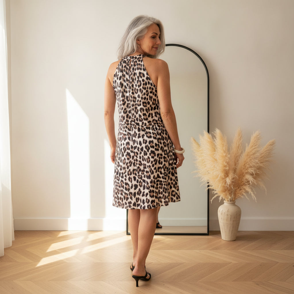Kort Vloeiend Leopard Jurkje - Beige Zwart Bruin — back view