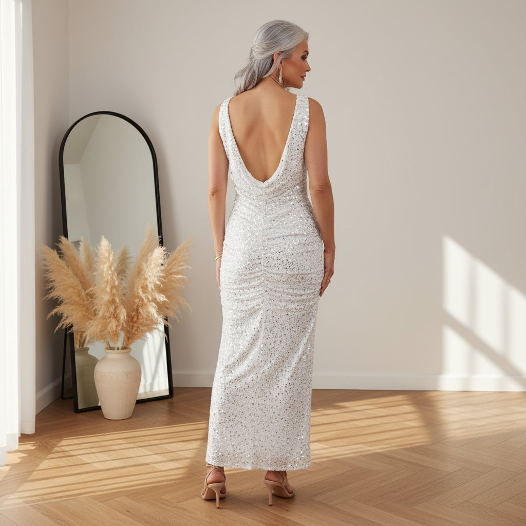 Elegante Maxi Jurk met Zilveren Pailletten - Wit Zilver — back view